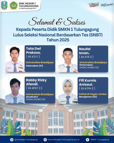 Selamat kepada murid SMKN 1 Tulungagung yang telah Lulus Seleksi Nasional Berdasarkan Tes SNBT