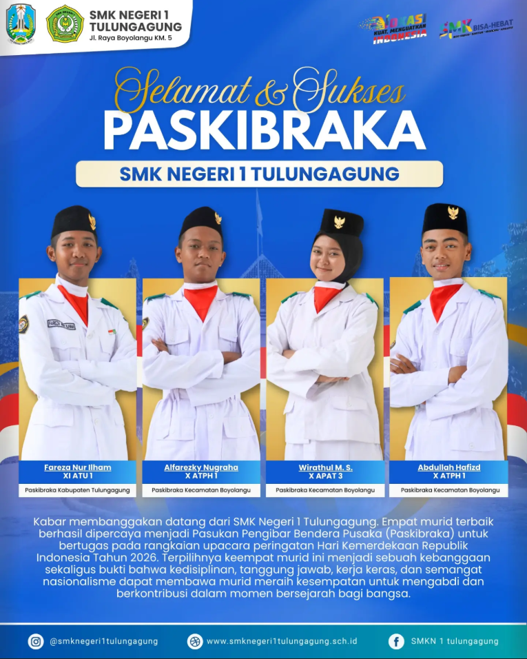 Selamat dan Sukses Empat Murid SMK Negeri 1 Tulungagung Laksanakan Tugas sebagai Paskibraka 2026