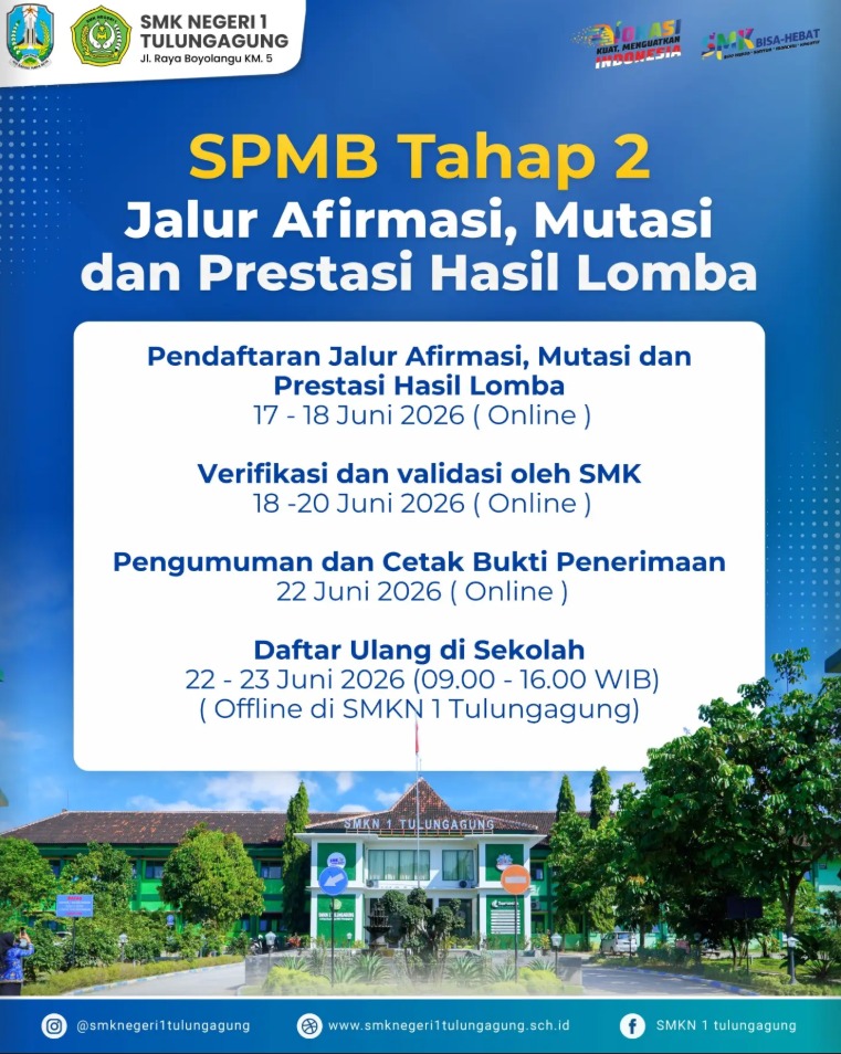 SPMB Tahap 2 Jalur Afirmasi, Mutasi, dan Prestasi Hasil Lomba SMKN 1 Tulungagung